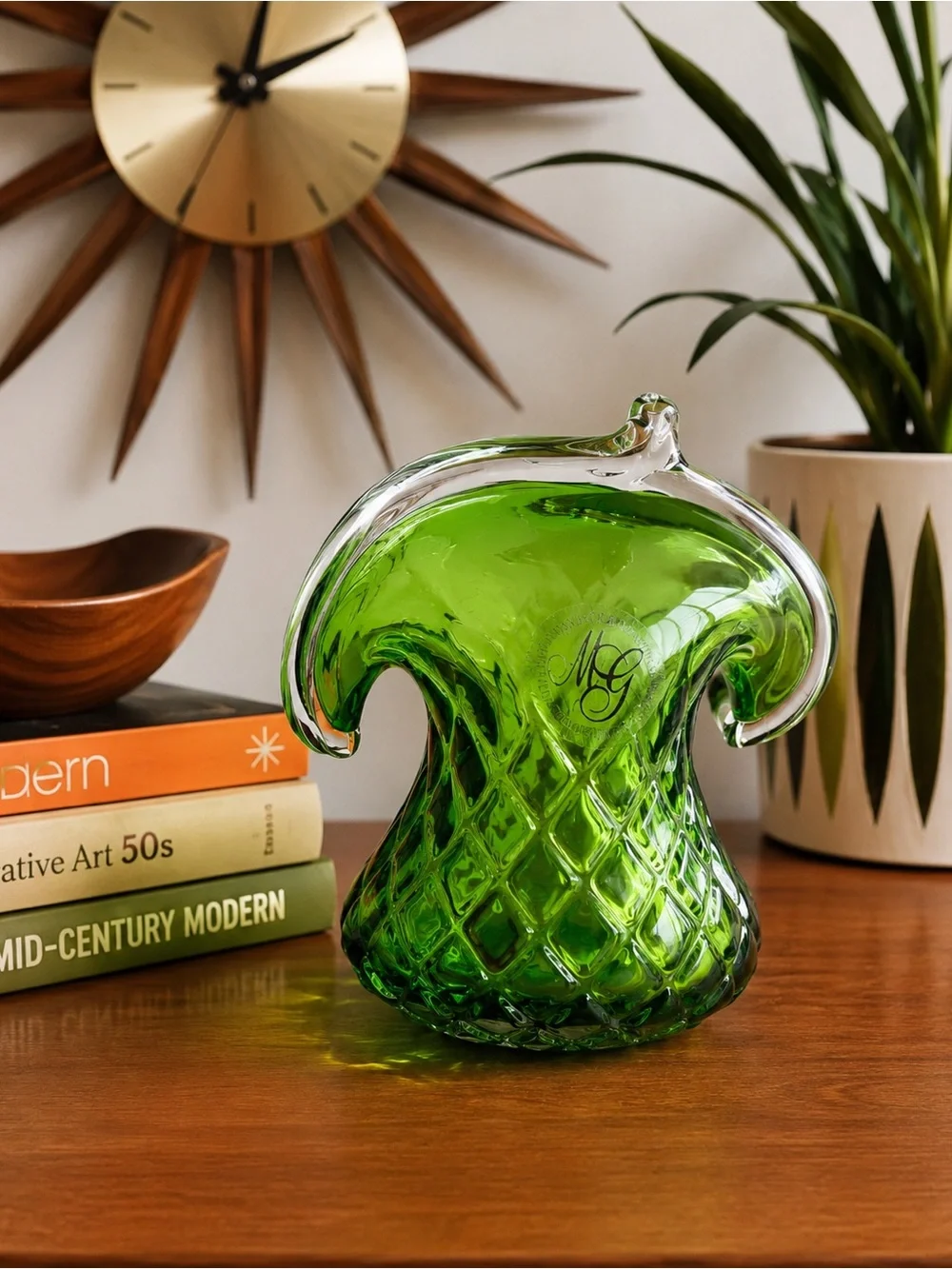 Vintage Hand Blown Green Art Glass Vase MG Creative Artisans Westlake Village